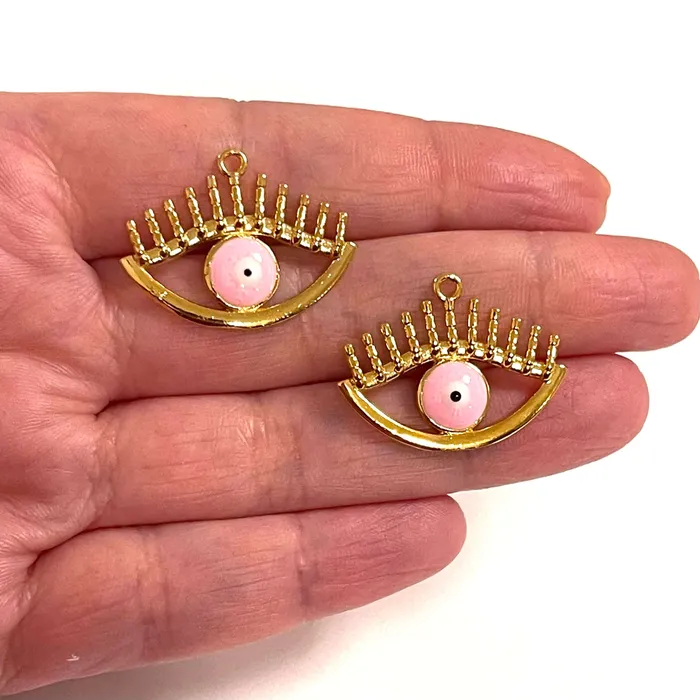 24Kt Gold Plated Pink Evil Eye Charms 2 pcs in a pack Peppy Beads Earrings