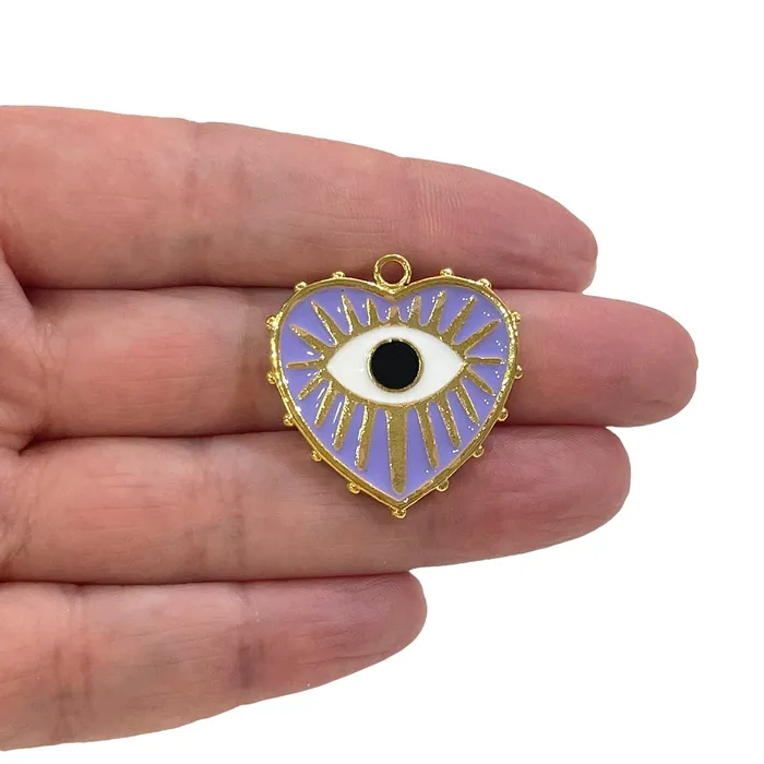 24Kt Shiny Gold Plated Brass Heart Pendant Gold Heart Lilac Enamelled Pendant With Eye Peppy Beads Necklaces 24Kt Shiny Gold Plated Brass Heart Pendant Gold Heart Lilac Enamelled Pendant With Eye Peppy Beads Necklaces