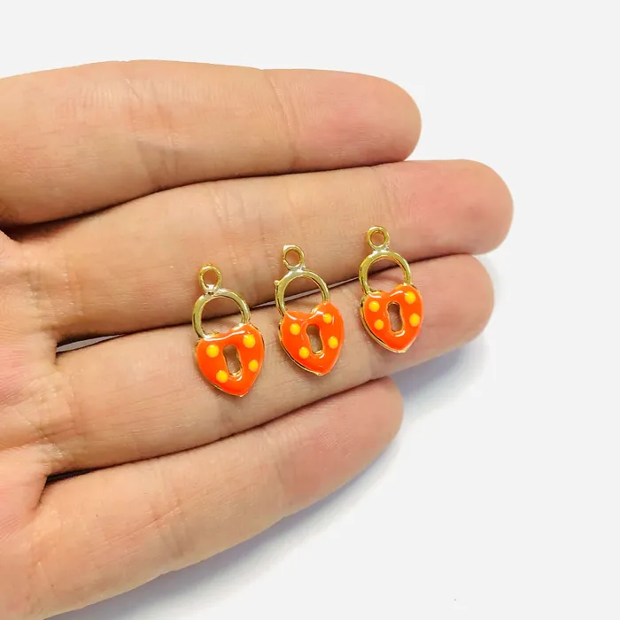 24Kt Shiny Gold Plated Neon Orange Enamelled Heart Padlock Charms 3 pcs in a pack Peppy Beads Earrings 24Kt Shiny Gold Plated Neon Orange Enamelled Heart Padlock Charms 3 pcs in a pack Peppy Beads Earrings