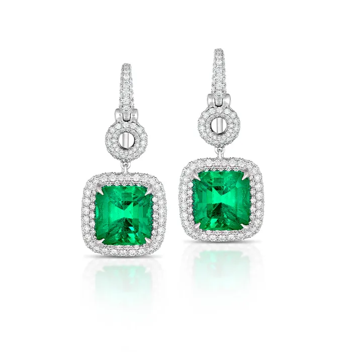 447 Carat Colombian Emerald and Diamond Halo Earrings Stephen Silver Earrings 447 Carat Colombian Emerald and Diamond Halo Earrings Stephen Silver Earrings