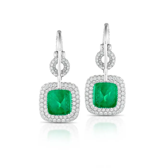 447 Carat Colombian Emerald and Diamond Halo Earrings Stephen Silver Earrings