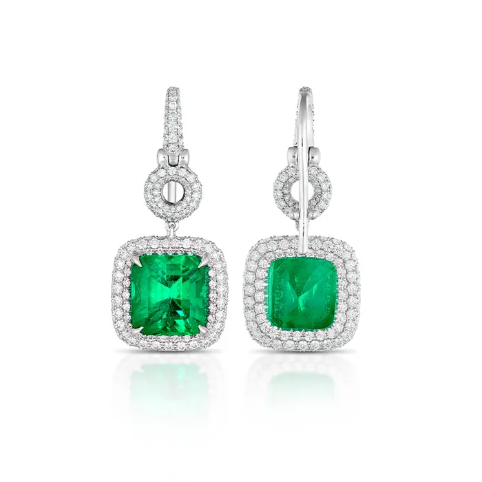 447 Carat Colombian Emerald and Diamond Halo Earrings Stephen Silver Earrings