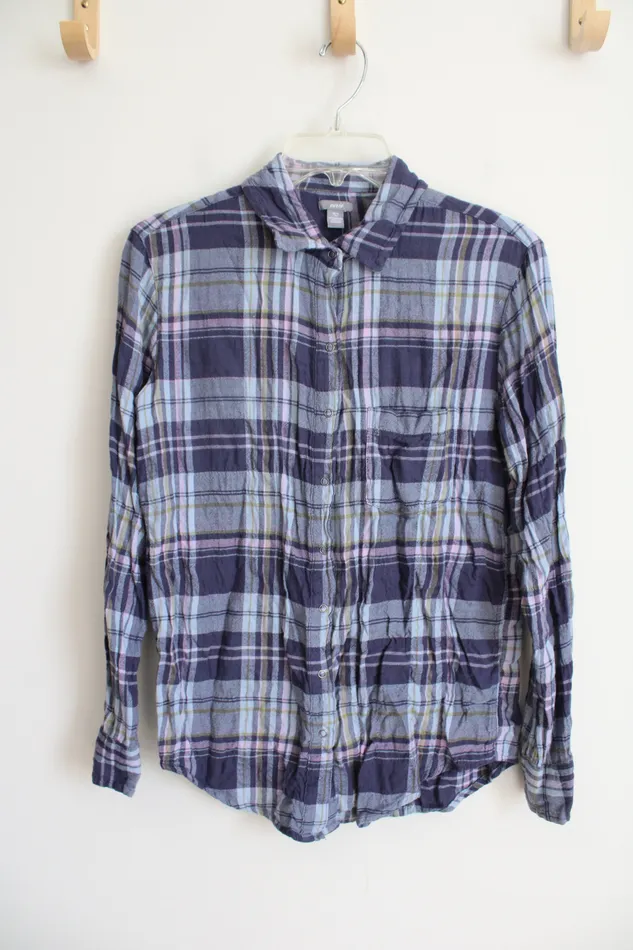 Aerie Blue Pink Plaid Button Down Long Sleeved Top XS Aerie Rings