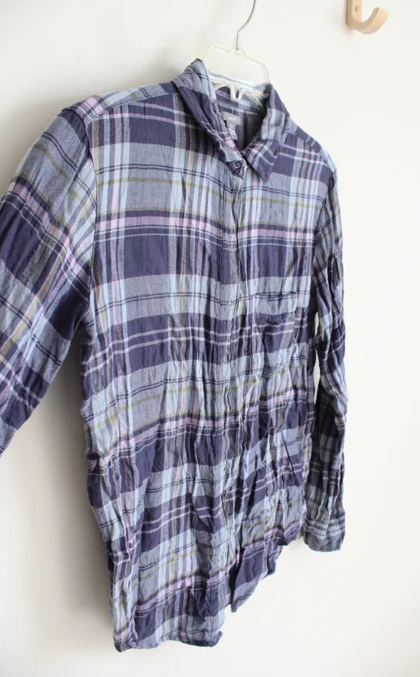 Aerie Blue Pink Plaid Button Down Long Sleeved Top XS Aerie Rings