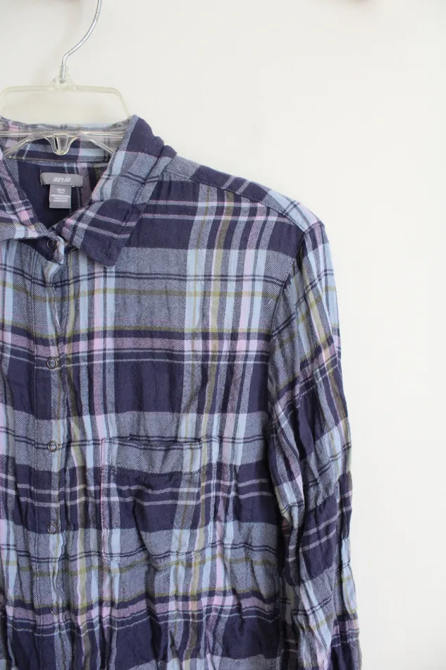 Aerie Blue Pink Plaid Button Down Long Sleeved Top XS Aerie Rings