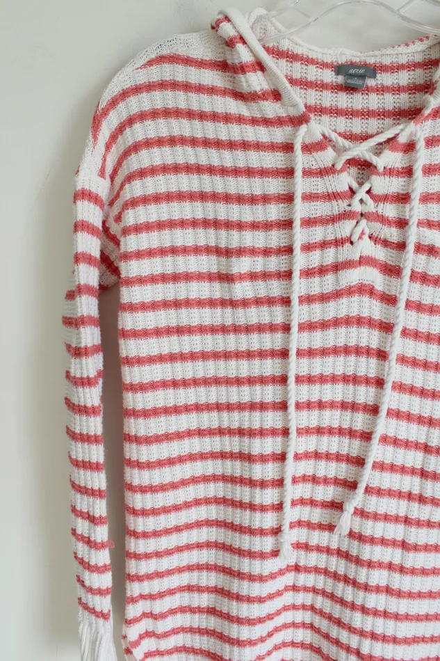 Aerie Rings Aerie Coral White Knit Sweater Hoodie S