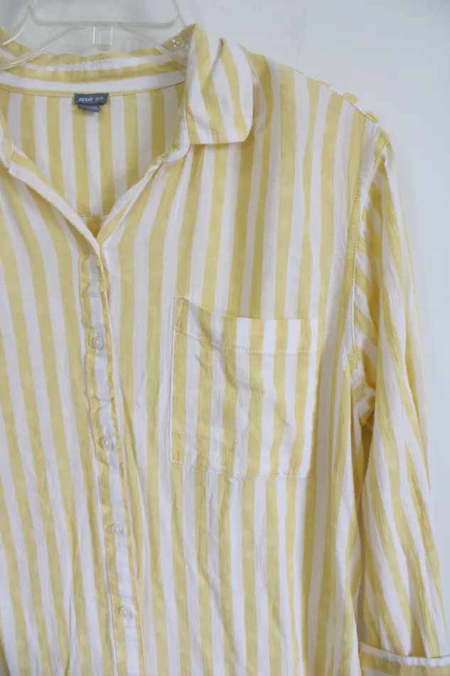 Aerie Rings Aerie Yellow White Striped Button Down Top XS