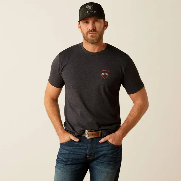 ARIAT MENS CLOTHING Earrings ARIAT MENS BARBED FLAG TSHIRT CHARCOAL HEATHER