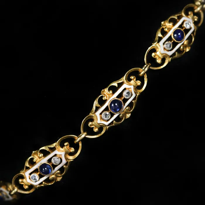 Art Nouveau 100 CTW Sapphire Cabochon Diamond and White Enamel Bracelet John T Haynes Inc Bracelets