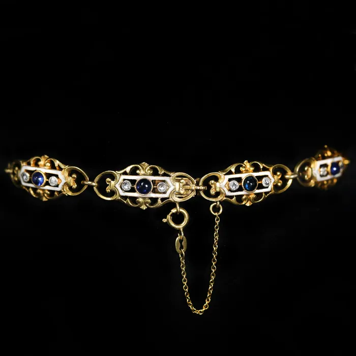 Art Nouveau 100 CTW Sapphire Cabochon Diamond and White Enamel Bracelet John T Haynes Inc Bracelets
