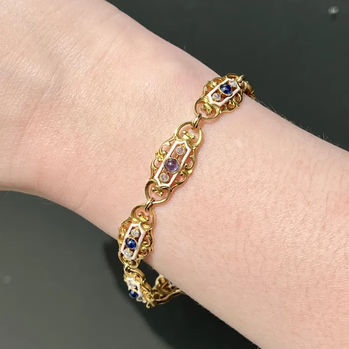 Art Nouveau 100 CTW Sapphire Cabochon Diamond and White Enamel Bracelet John T Haynes Inc Bracelets