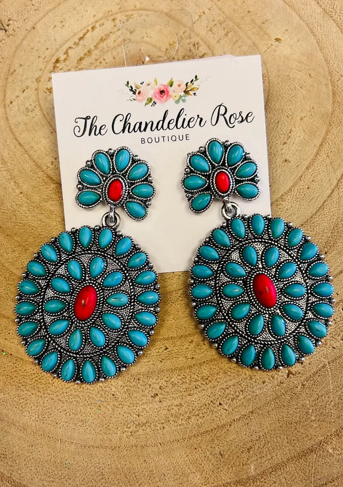 Bohemian Blossom Post Earrings TURQUOISE WITH RED CENTER The Chandelier Rose Boutique Earrings