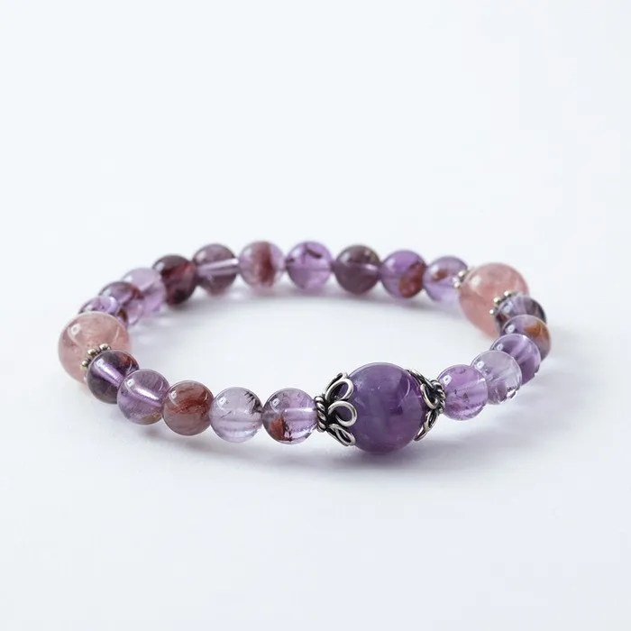 Bracelets Drukomalas Super Seven and Strawberry Quartz Stretchy Mala Bracelet