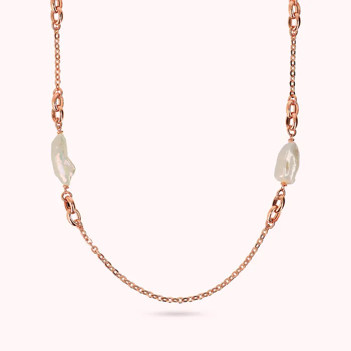 Bronzallure Earrings Collana Lunga Catena Rolo con Maglie ad Anelli e Perle Barocche dAcqua Dolce Bianche