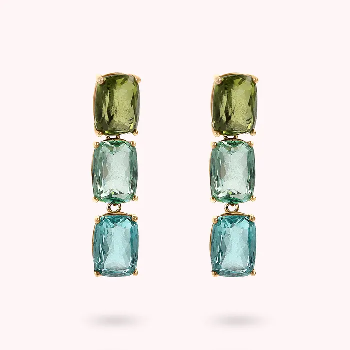 Bronzallure Earrings Orecchini Pendenti Golden con Prisma Gem Verdi e Blu Taglio Mosaico Bronzallure Earrings Orecchini Pendenti Golden con Prisma Gem Verdi e Blu Taglio Mosaico