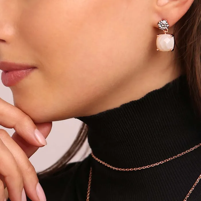 Bronzallure Rings Orecchini Pendenti con Pietra Naturale Quadrata Sfaccettata e Pav