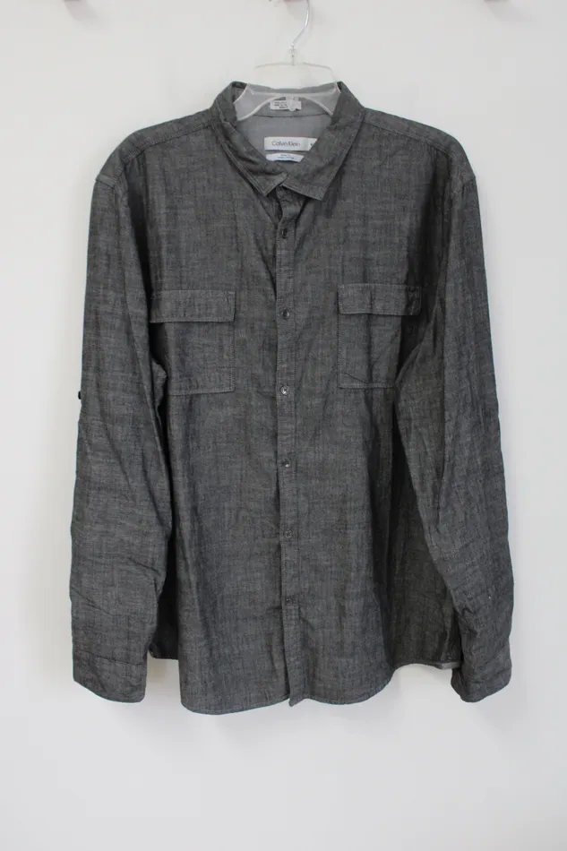 Calvin Klein Calvin Klein Body Fit Dark Gray Cotton Button Down Shirt XL Earrings Calvin Klein Calvin Klein Body Fit Dark Gray Cotton Button Down Shirt XL Earrings