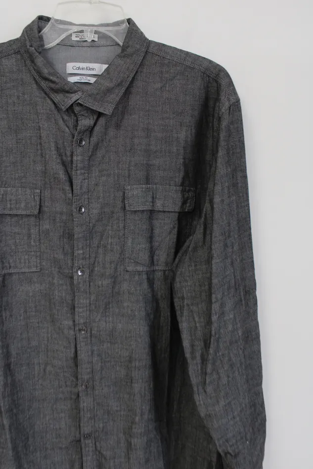Calvin Klein Calvin Klein Body Fit Dark Gray Cotton Button Down Shirt XL Earrings