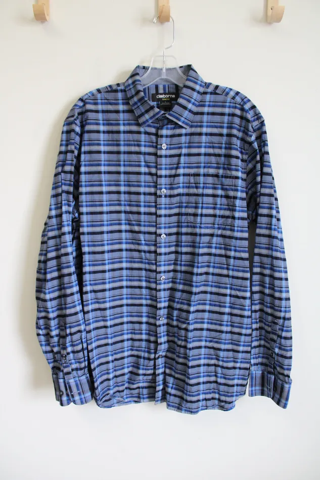 Claiborne Rings Claiborne Stretch Blue Plaid Button Down Shirt L