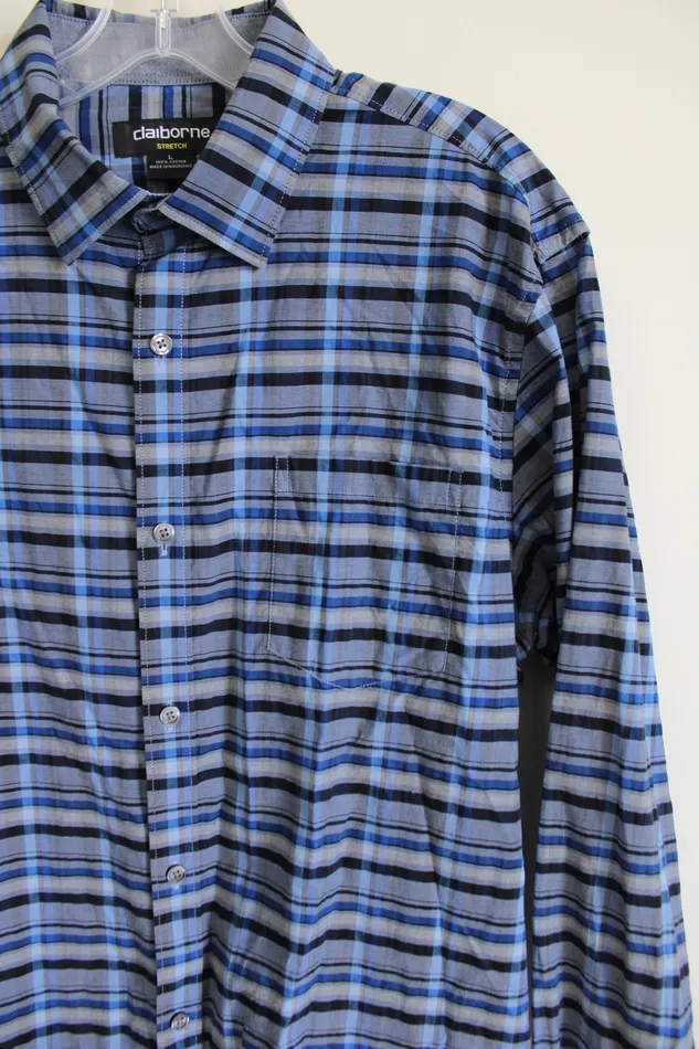 Claiborne Rings Claiborne Stretch Blue Plaid Button Down Shirt L