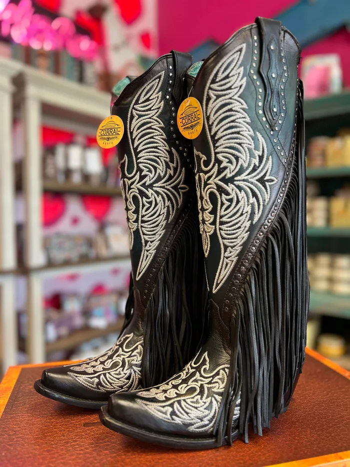 CORRAL WOMENS BLACK EAGLE EMBROIDERY STUDS FRINGES TALL TOP WESTERN BOOT C4159 CORRAL Rings