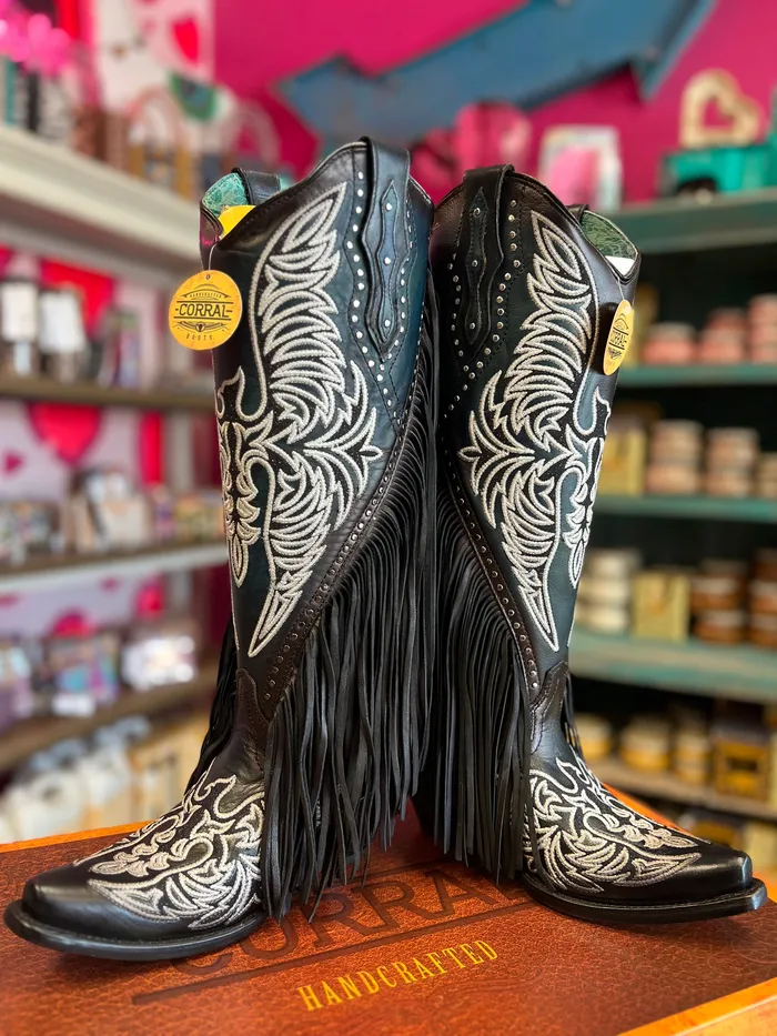 CORRAL WOMENS BLACK EAGLE EMBROIDERY STUDS FRINGES TALL TOP WESTERN BOOT C4159 CORRAL Rings