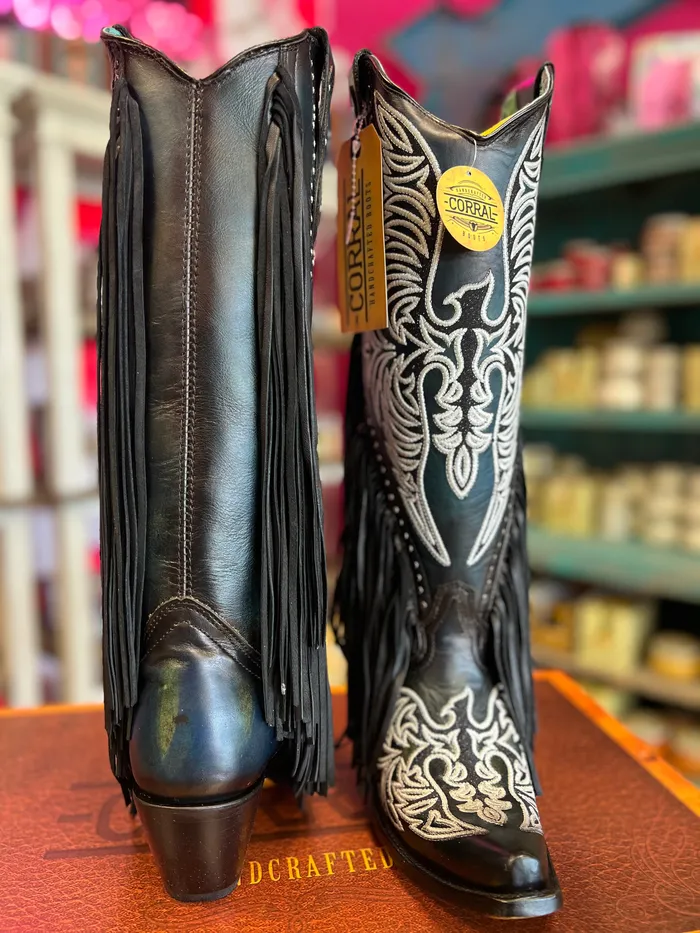CORRAL WOMENS BLACK EAGLE EMBROIDERY STUDS FRINGES TALL TOP WESTERN BOOT C4159 CORRAL Rings