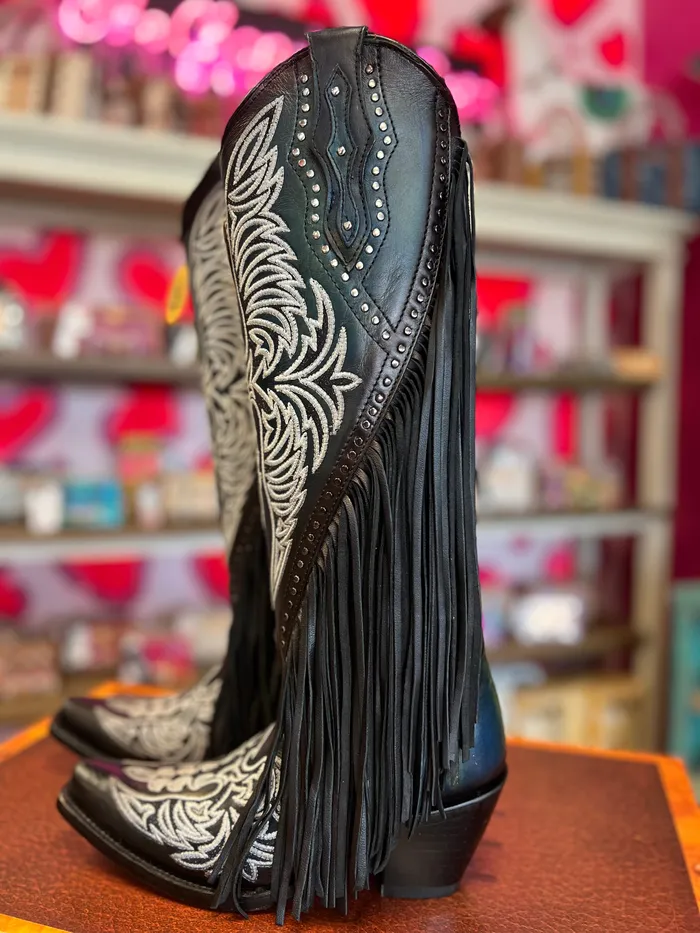 CORRAL WOMENS BLACK EAGLE EMBROIDERY STUDS FRINGES TALL TOP WESTERN BOOT C4159 CORRAL Rings