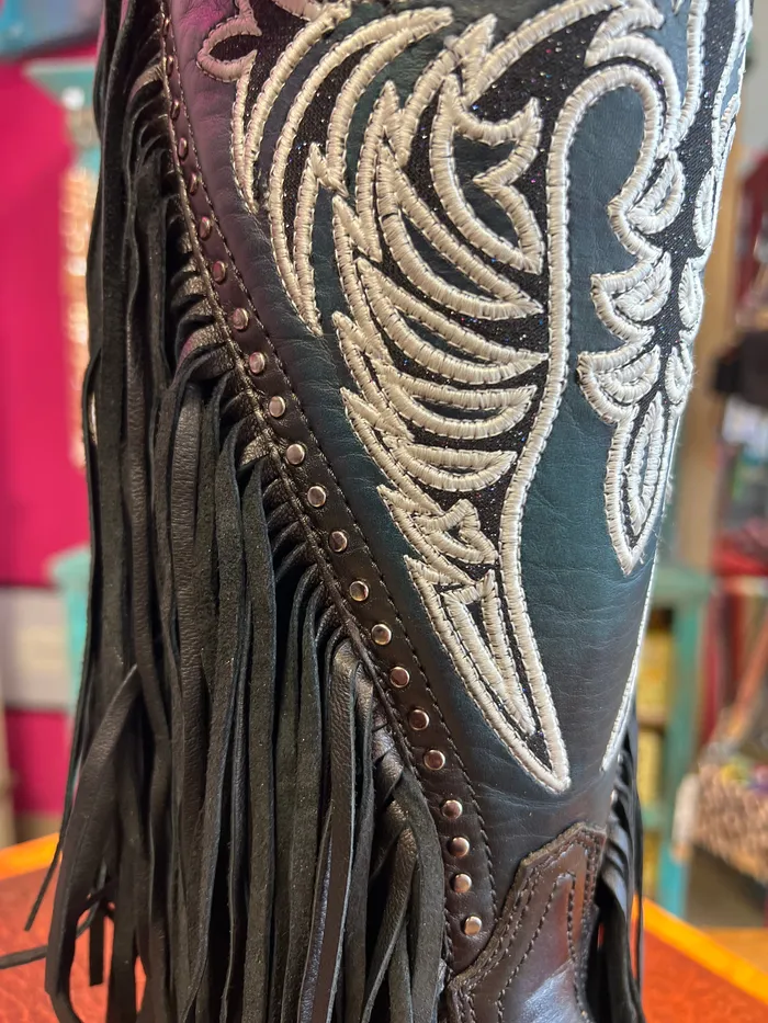 CORRAL WOMENS BLACK EAGLE EMBROIDERY STUDS FRINGES TALL TOP WESTERN BOOT C4159 CORRAL Rings