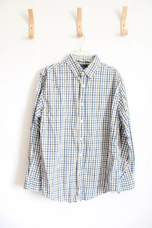 Croft Barrow Stretch Blue Brown Plaid Button Down Shirt L Croft Barrow Rings