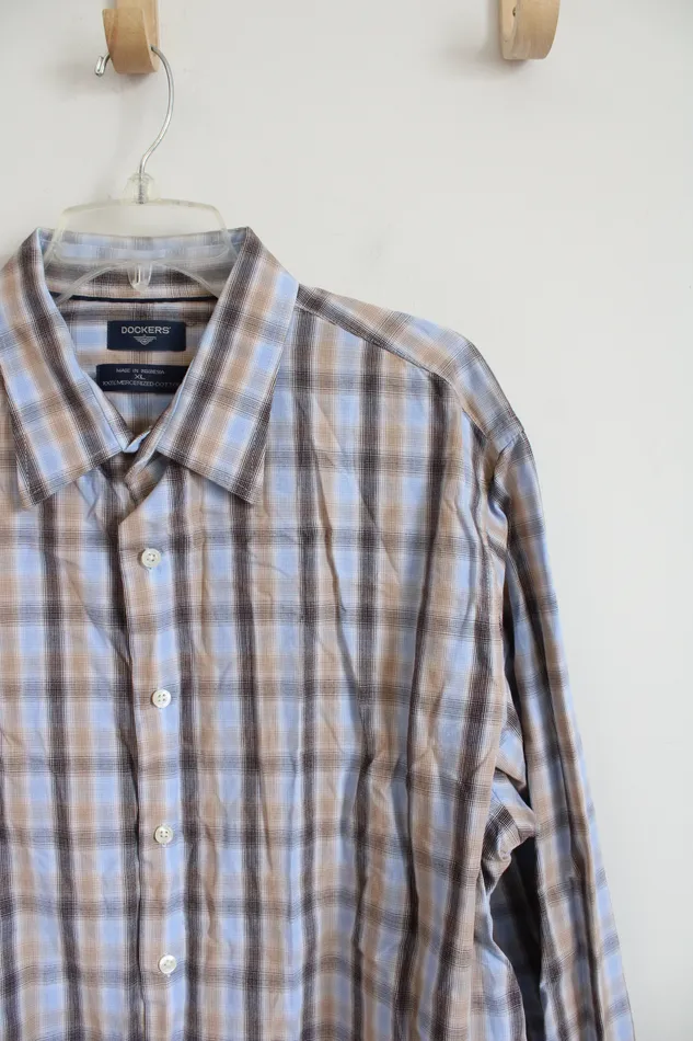 Dockers Rings Dockers Blue Brown Plaid Button Down Cotton Shirt XL