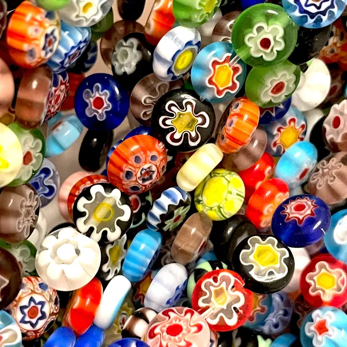 Earrings 8mm Murano Style Millefiori Handmade Flat Round Beads 48 Beads per strand Peppy Beads