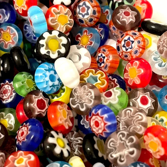 Earrings 8mm Murano Style Millefiori Handmade Flat Round Beads 48 Beads per strand Peppy Beads