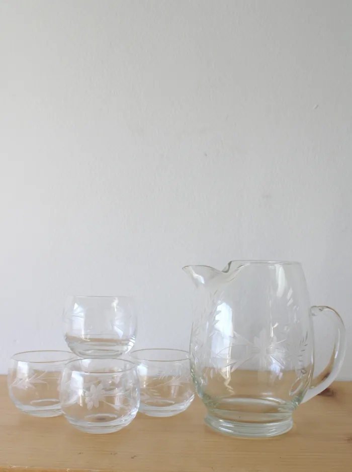 Earrings Jubilee Thrift Vintage Clear Glass Etched Small Pitcher Glasses Set Of 6
