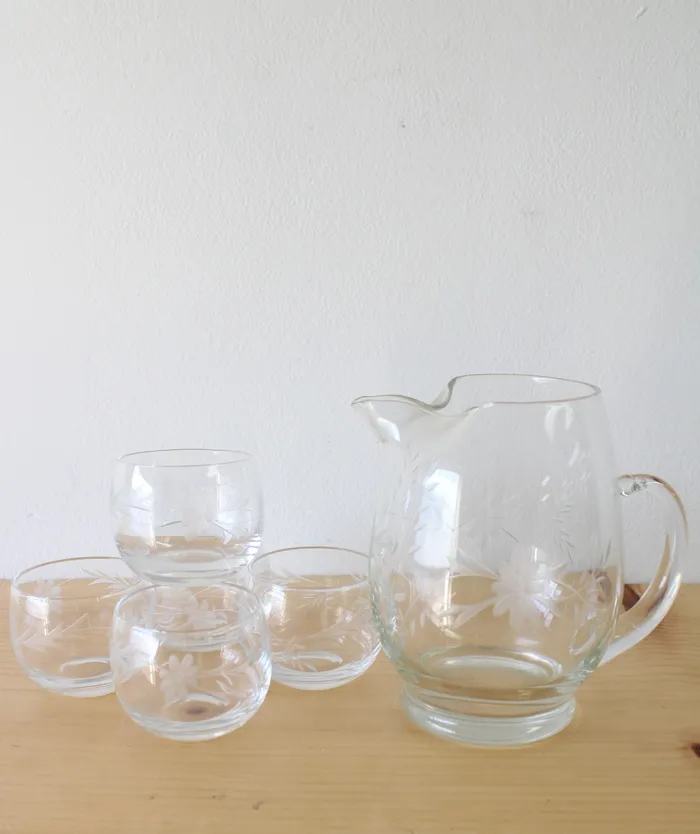 Earrings Jubilee Thrift Vintage Clear Glass Etched Small Pitcher Glasses Set Of 6