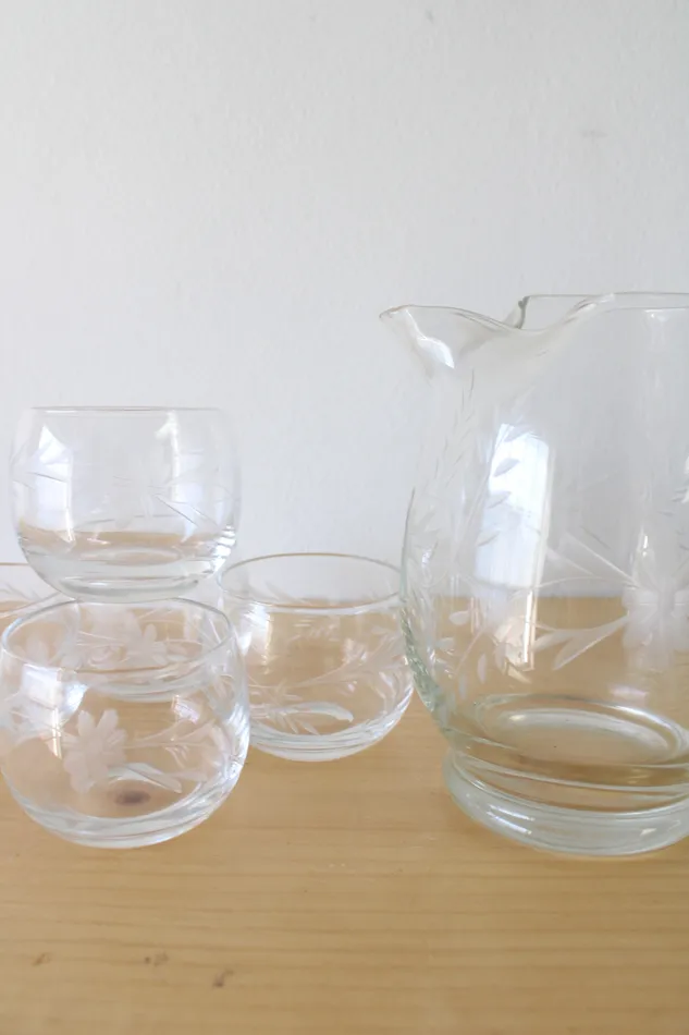 Earrings Jubilee Thrift Vintage Clear Glass Etched Small Pitcher Glasses Set Of 6