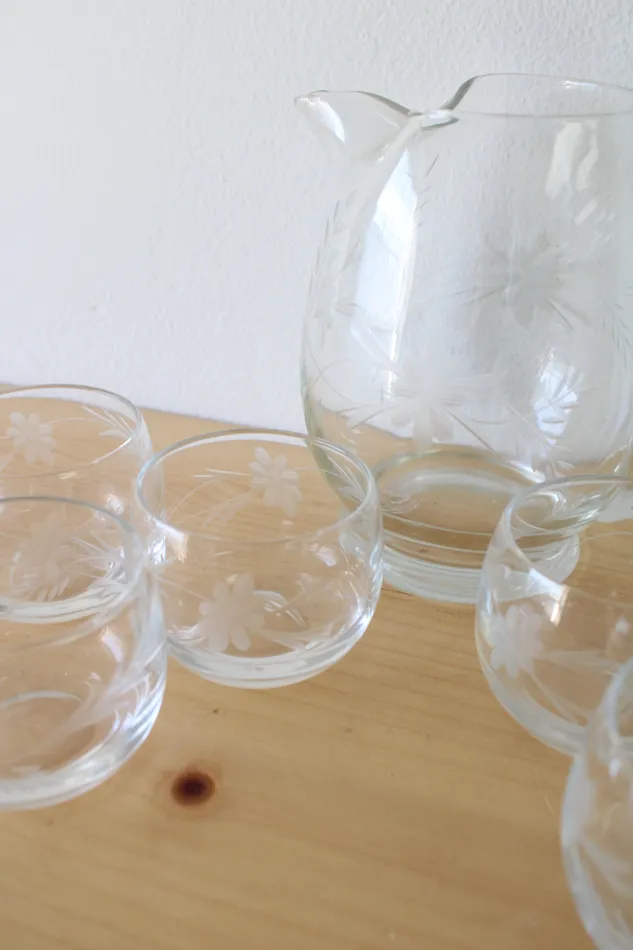 Earrings Jubilee Thrift Vintage Clear Glass Etched Small Pitcher Glasses Set Of 6