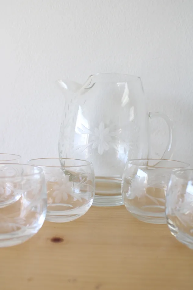 Earrings Jubilee Thrift Vintage Clear Glass Etched Small Pitcher Glasses Set Of 6