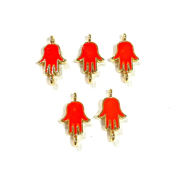 Earrings Peppy Beads 24Kt Gold Plated Brass Neon Orange Enamelled Hamsa Connector Charms 5 pcs in a pack Earrings Peppy Beads 24Kt Gold Plated Brass Neon Orange Enamelled Hamsa Connector Charms 5 pcs in a pack