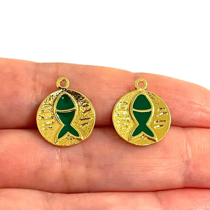 Earrings Peppy Beads 24Kt Gold Plated Green Enamelled Lucky Fish Charms 2 pcs in a pack Earrings Peppy Beads 24Kt Gold Plated Green Enamelled Lucky Fish Charms 2 pcs in a pack