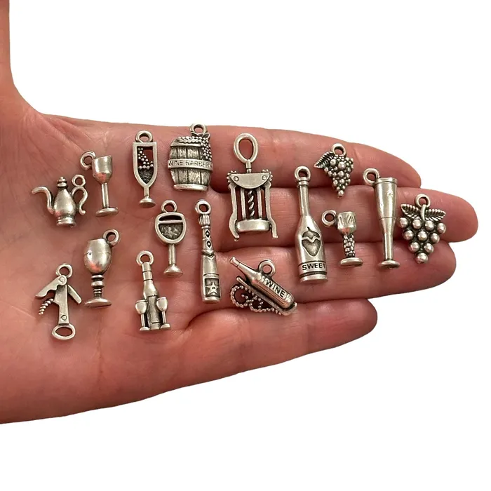Earrings Peppy Beads Antique Silver Plated Wine Lover Charms Collection 16 Charms in a pack