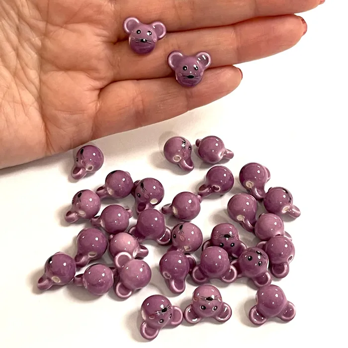 Earrings Peppy Beads Hand Made Ceramic Lilac Funny Mouse Charms 5 pcs in a pack