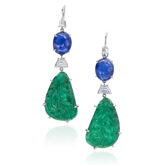 Earrings Stephen Silver 4553 Carat Carved Emerald and Sapphire Earrings
