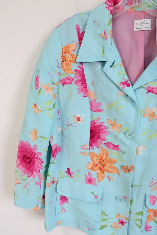Emma James Rings Emma James Liz Claiborne Linen Blend Blue Floral Light Jacket 16