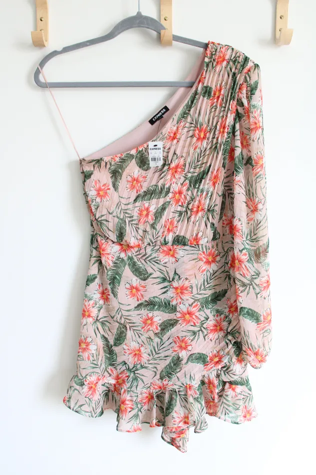 Express Earrings NEW Express Pink Tropical One Sleeve Dress S