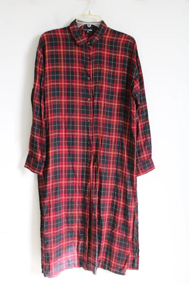 Fashion Nova Earrings Fashion Nova Red Plaid Slit Tunic Dress M