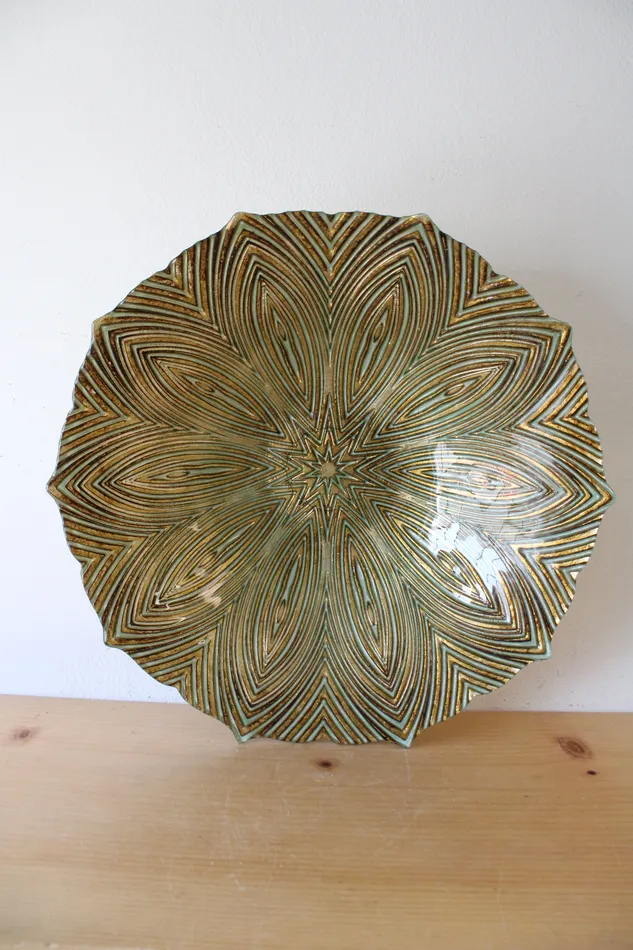 Gold Green Lined Flower Patterned Large Glass Bowl Jubilee Thrift Earrings
