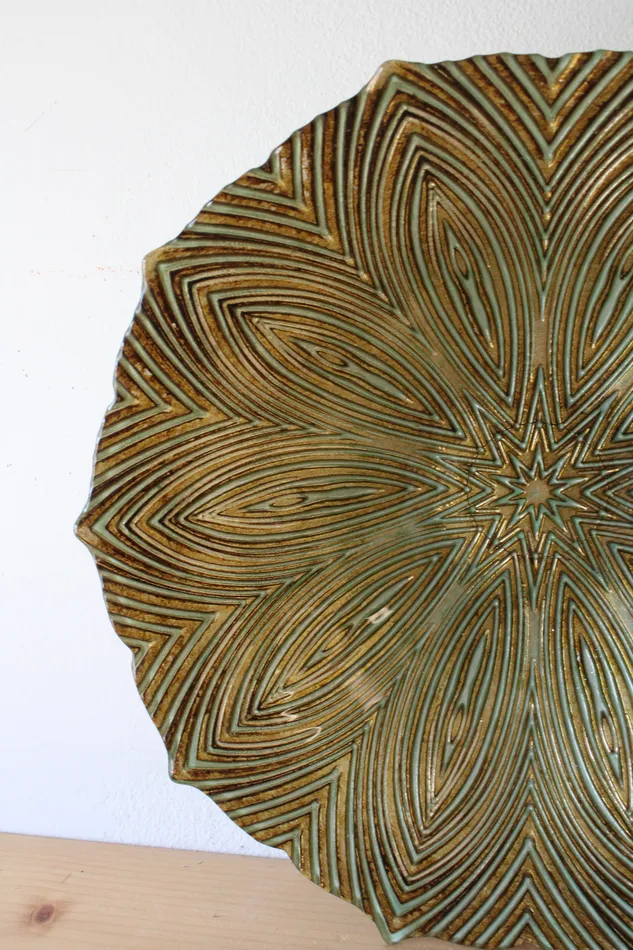 Gold Green Lined Flower Patterned Large Glass Bowl Jubilee Thrift Earrings