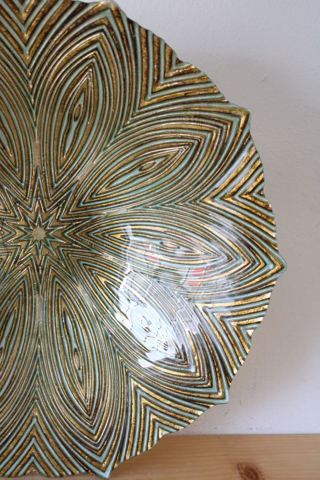 Gold Green Lined Flower Patterned Large Glass Bowl Jubilee Thrift Earrings
