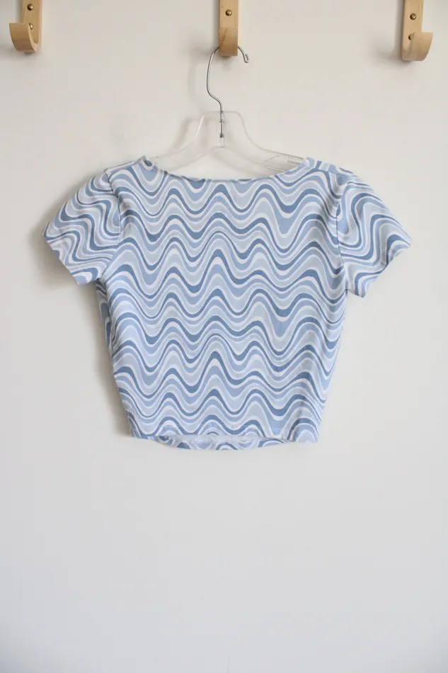 Hollister Blue Wave Patterned Crop Tee XS Hollister Rings